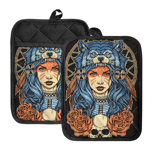 Native American Wolf Girl Print Pot Holders With Pocket