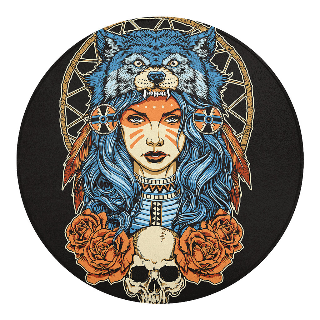 Native American Wolf Girl Print Round Blanket