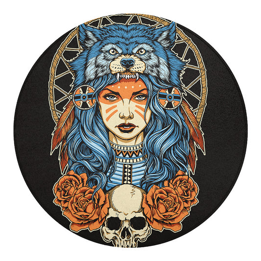 Native American Wolf Girl Print Round Blanket