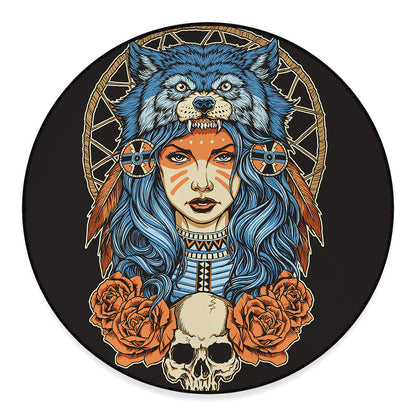 Native American Wolf Girl Print Round Floor Mat