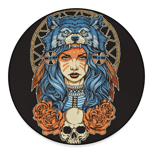 Native American Wolf Girl Print Round Floor Mat