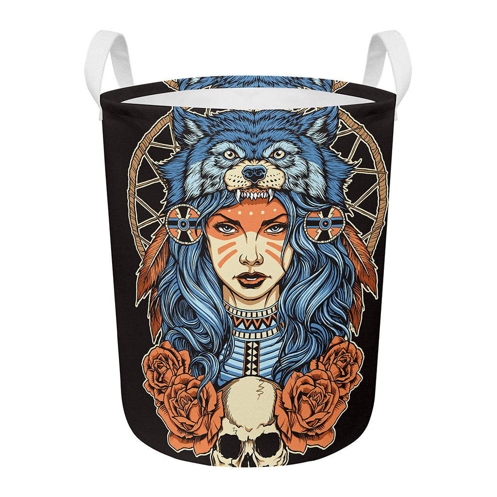 Native American Wolf Girl Print Round Laundry Basket