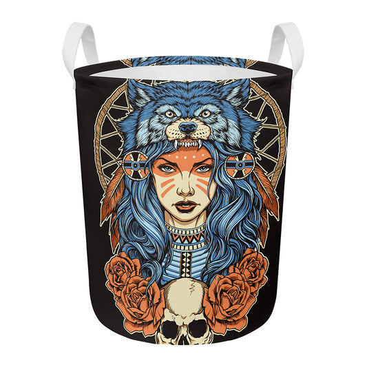 Native American Wolf Girl Print Round Laundry Basket