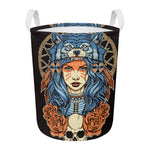 Native American Wolf Girl Print Round Laundry Basket