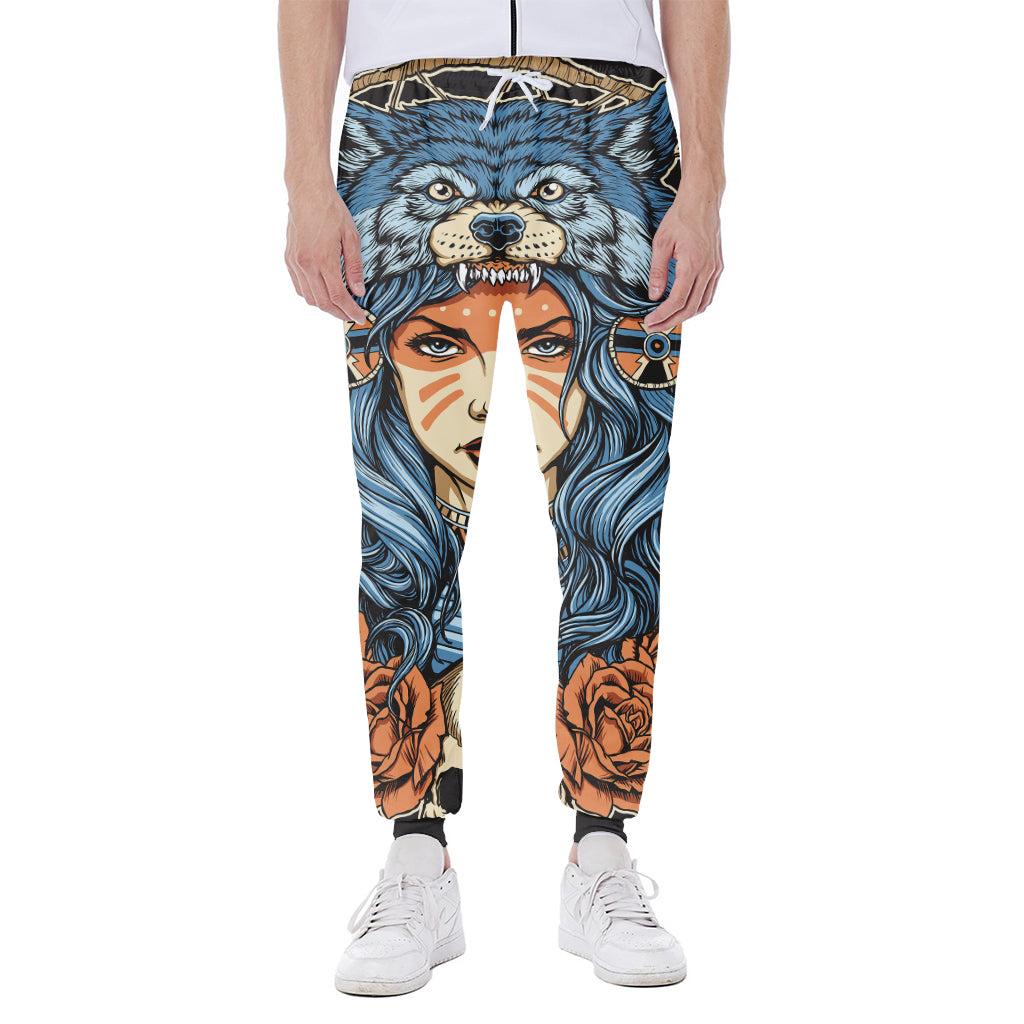 Native American Wolf Girl Print Scuba Joggers
