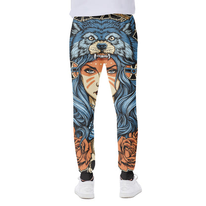 Native American Wolf Girl Print Scuba Joggers