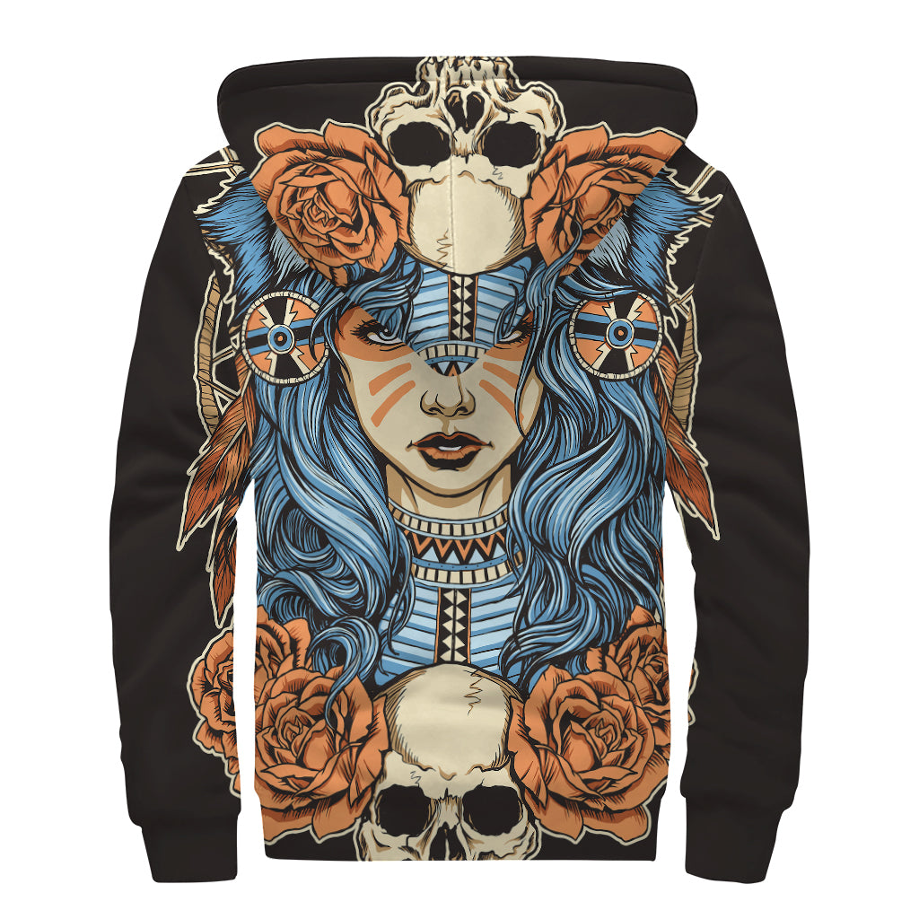 Native American Wolf Girl Print Sherpa Lined Zip Up Hoodie