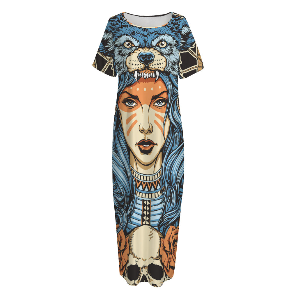 Native American Wolf Girl Print Short Sleeve Long Nightdress