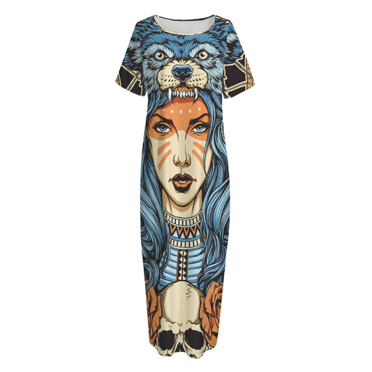 Native American Wolf Girl Print Short Sleeve Long Nightdress