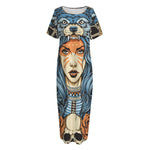 Native American Wolf Girl Print Short Sleeve Long Nightdress