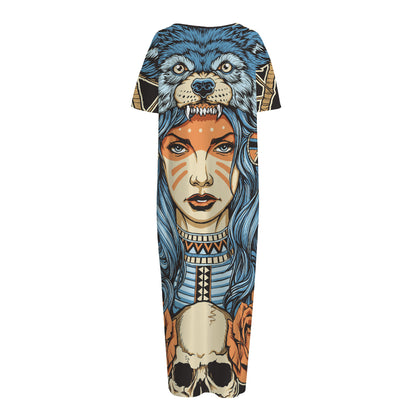 Native American Wolf Girl Print Short Sleeve Long Nightdress