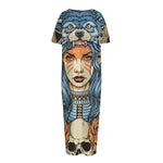 Native American Wolf Girl Print Short Sleeve Long Nightdress