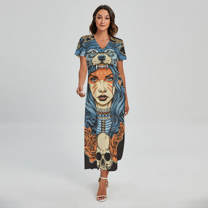 Native American Wolf Girl Print Short Sleeve Maxi Dress