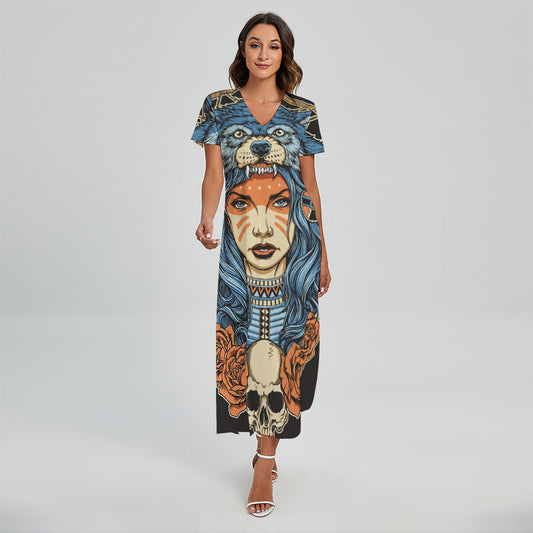 Native American Wolf Girl Print Short Sleeve Maxi Dress