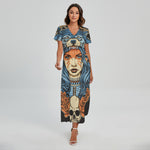 Native American Wolf Girl Print Short Sleeve Maxi Dress