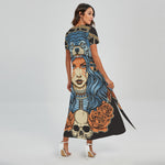 Native American Wolf Girl Print Short Sleeve Maxi Dress