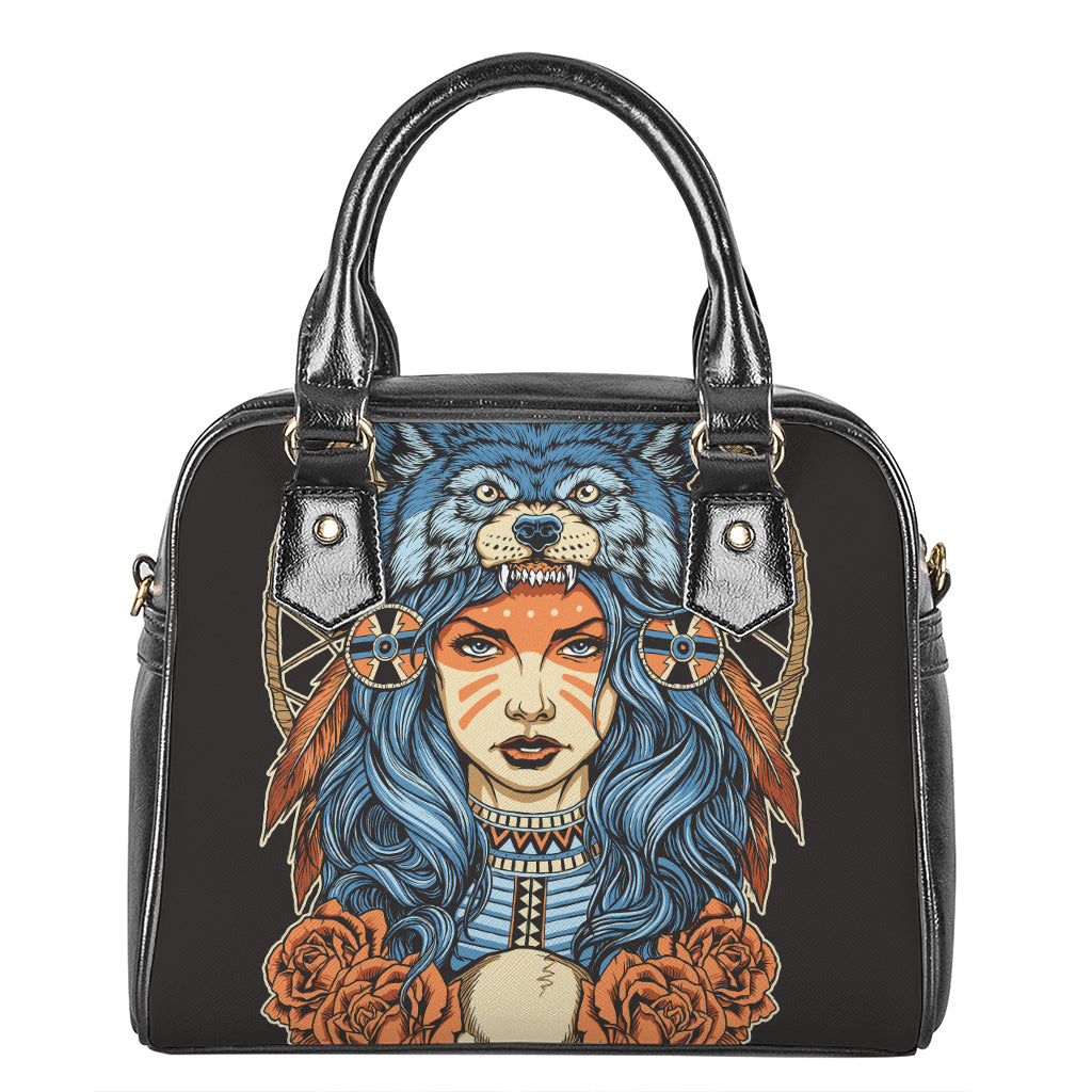 Native American Wolf Girl Print Shoulder Handbag