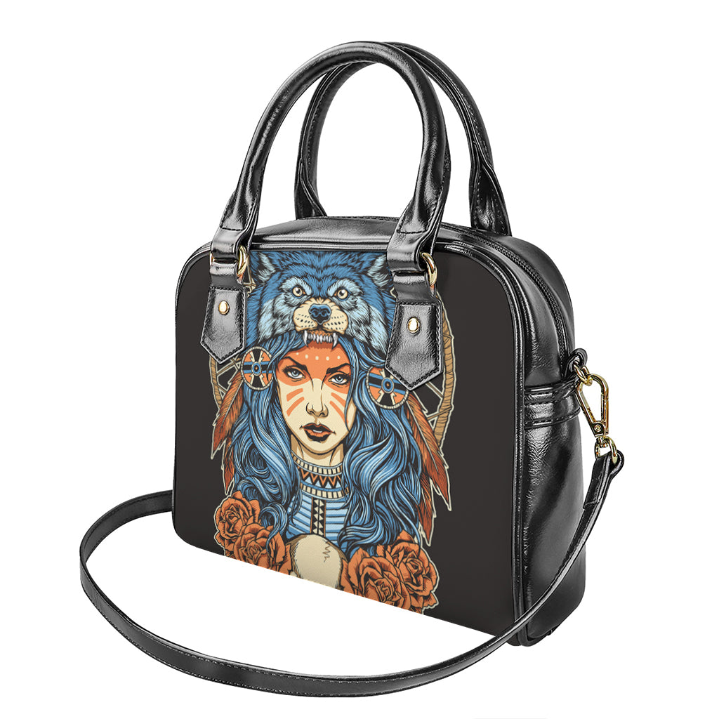 Native American Wolf Girl Print Shoulder Handbag