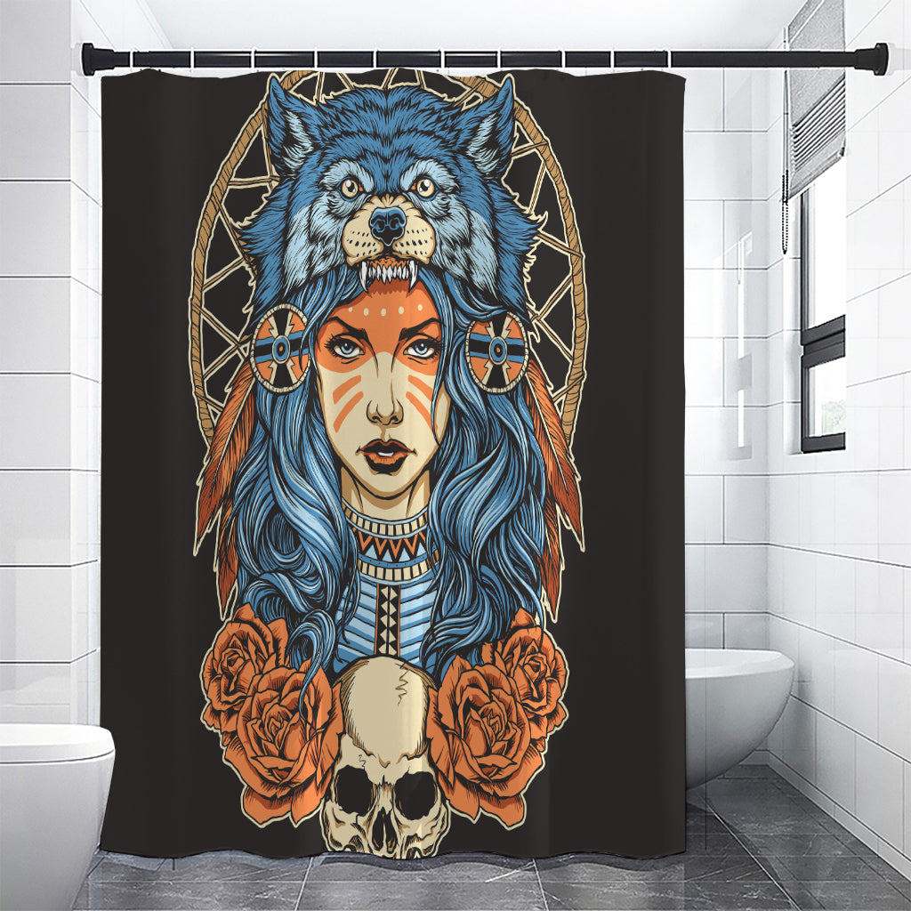 Native American Wolf Girl Print Shower Curtain