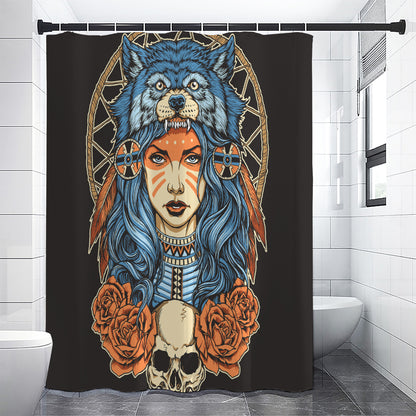 Native American Wolf Girl Print Shower Curtain