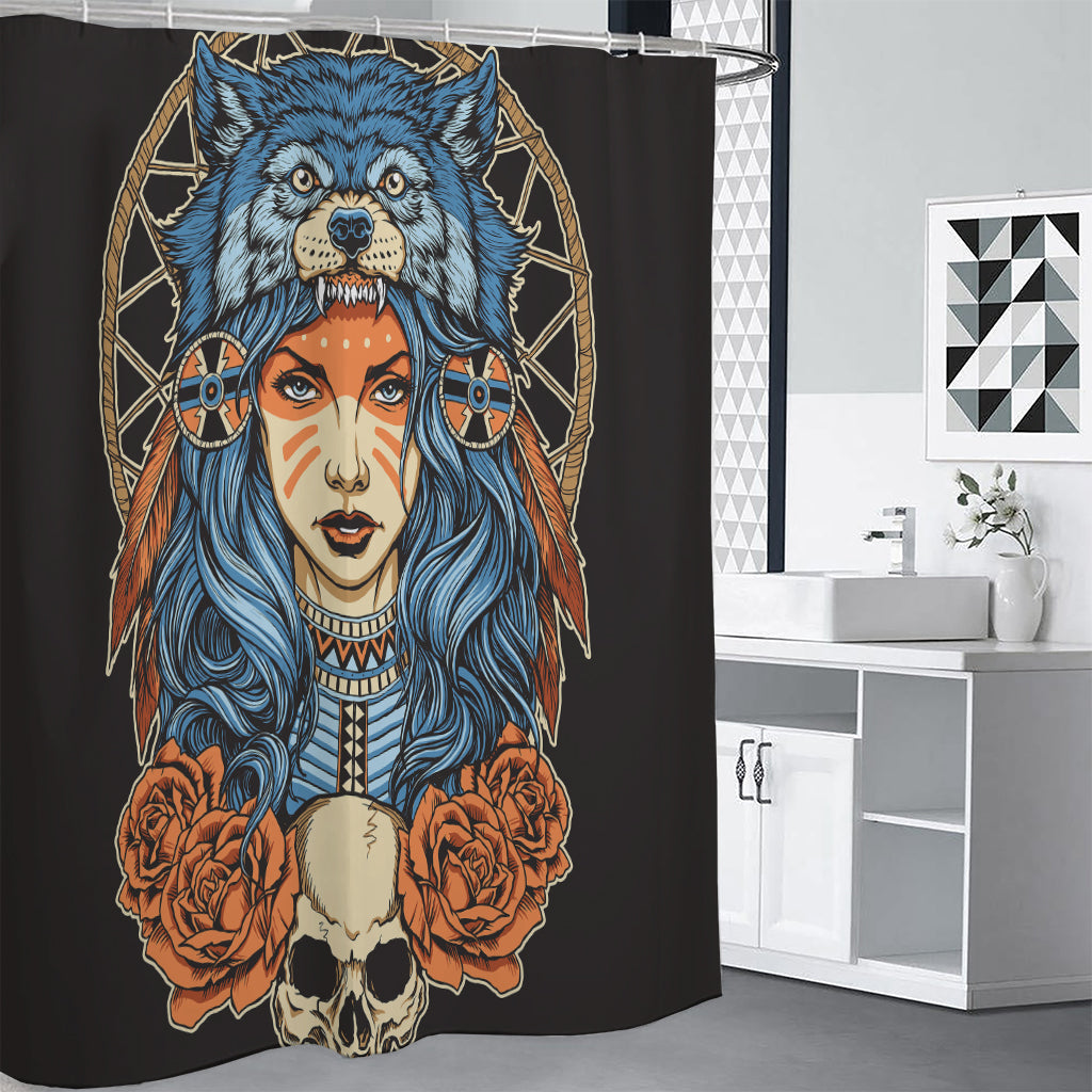 Native American Wolf Girl Print Shower Curtain