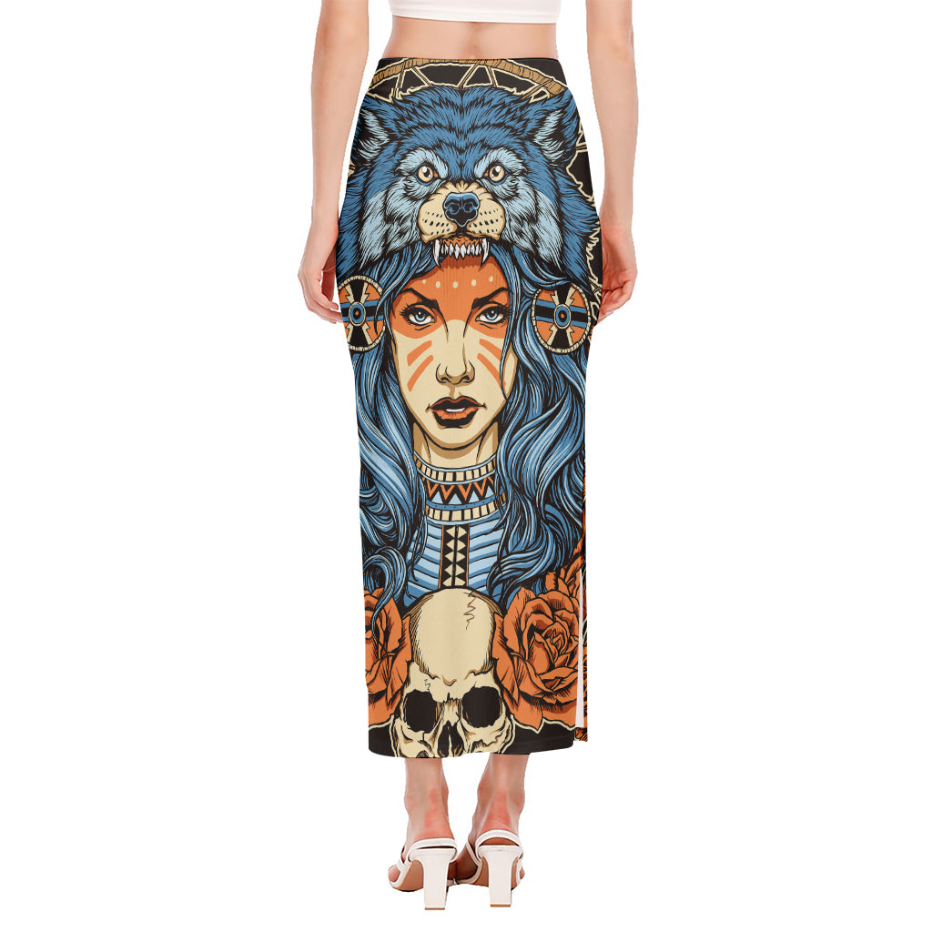 Native American Wolf Girl Print Side Slit Maxi Skirt