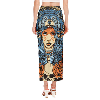 Native American Wolf Girl Print Side Slit Maxi Skirt