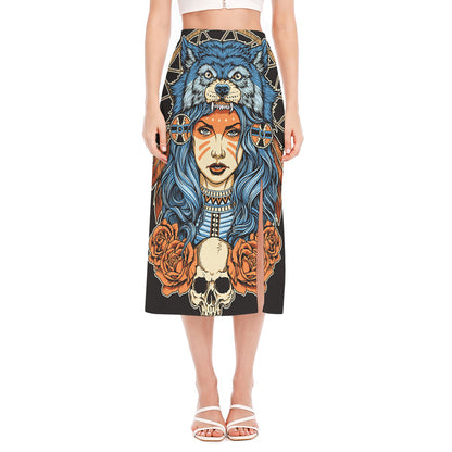 Native American Wolf Girl Print Side Slit Midi Skirt