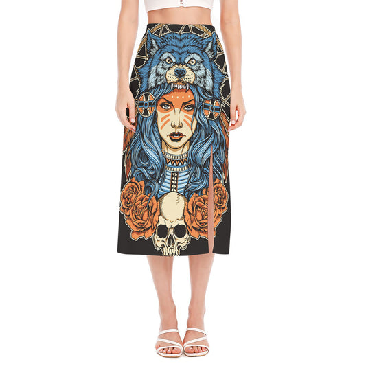 Native American Wolf Girl Print Side Slit Midi Skirt