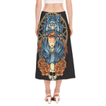 Native American Wolf Girl Print Side Slit Midi Skirt