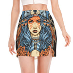 Native American Wolf Girl Print Side Slit Mini Skirt