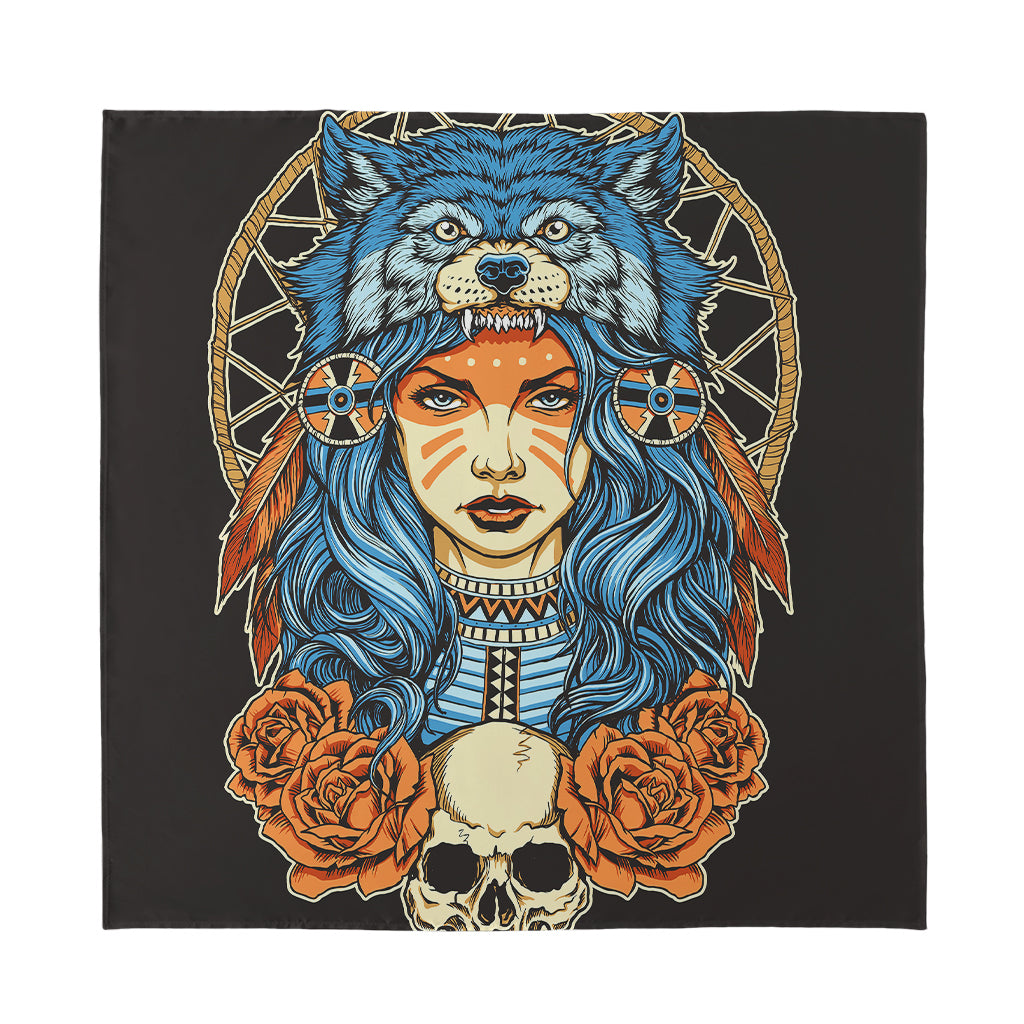 Native American Wolf Girl Print Silk Bandana