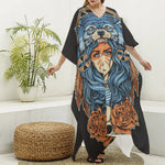 Native American Wolf Girl Print Silk V-Neck Kaftan Dress