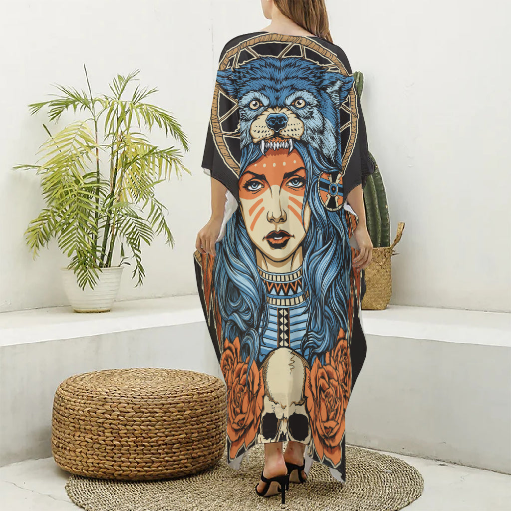 Native American Wolf Girl Print Silk V-Neck Kaftan Dress