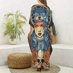 Native American Wolf Girl Print Silk V-Neck Kaftan Dress