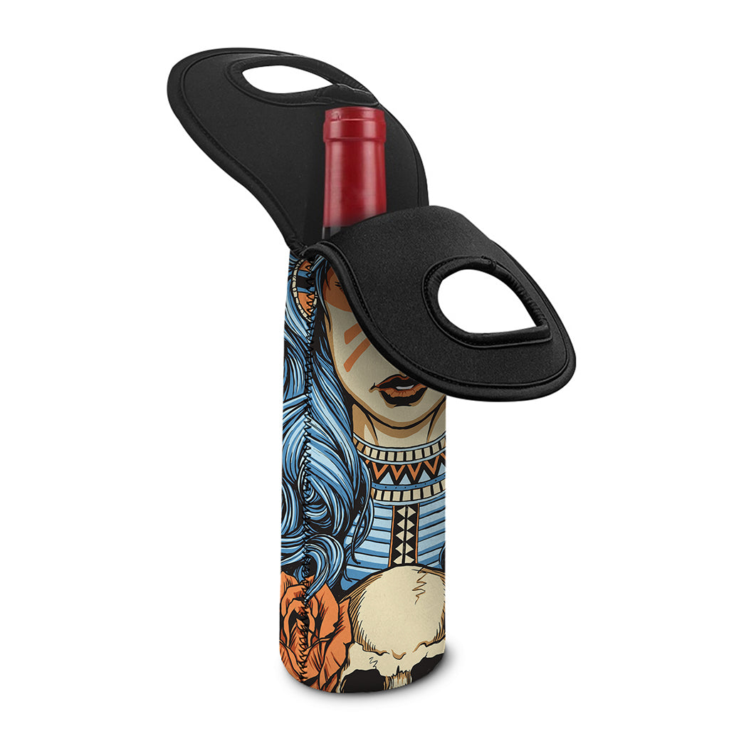 Native American Wolf Girl Print Single Neoprene Wine Tote