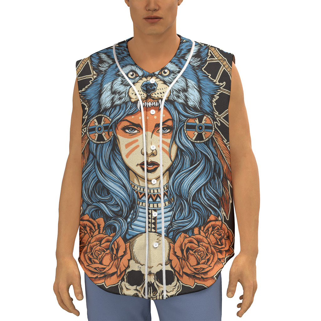 Native American Wolf Girl Print Sleeveless Baseball Jersey