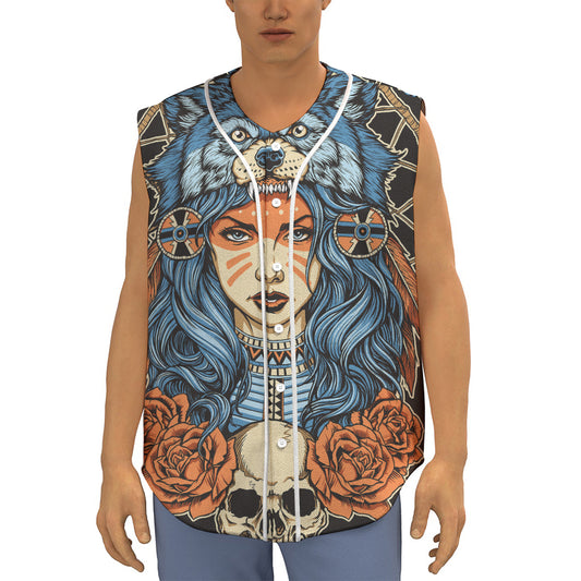 Native American Wolf Girl Print Sleeveless Baseball Jersey