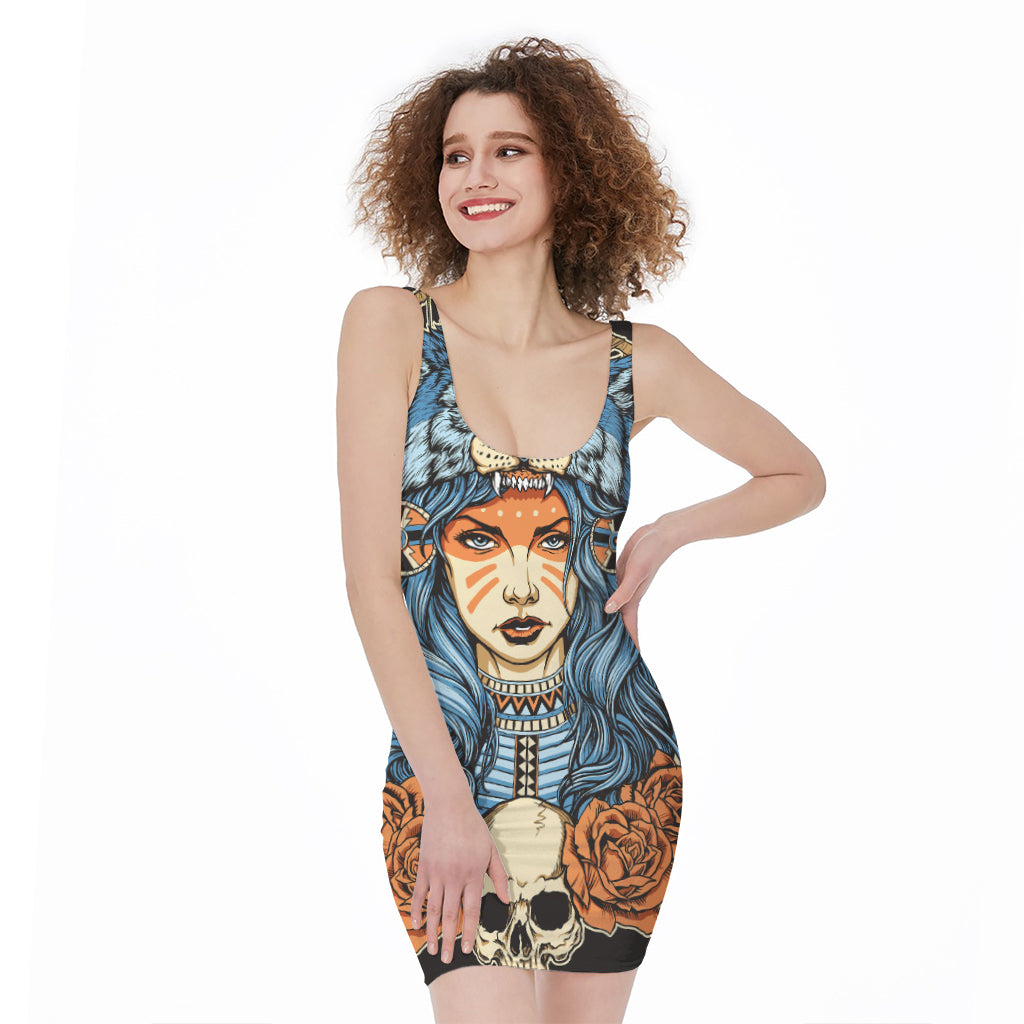 Native American Wolf Girl Print Sleeveless Bodycon Dress