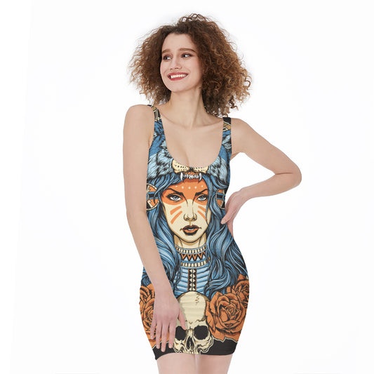 Native American Wolf Girl Print Sleeveless Bodycon Dress