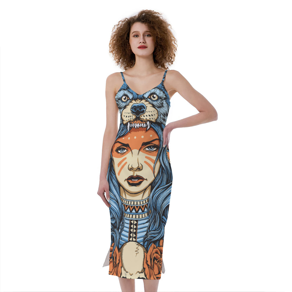 Native American Wolf Girl Print Slim Fit Midi Cami Dress