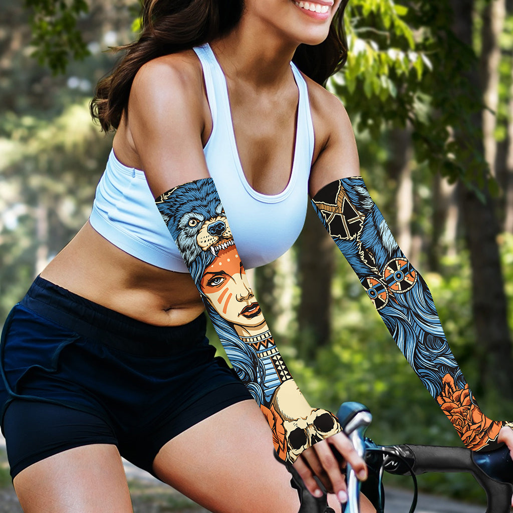 Native American Wolf Girl Print Sun Protection Arm Sleeves