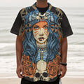 Native American Wolf Girl Print Textured Short Sleeve Shirt