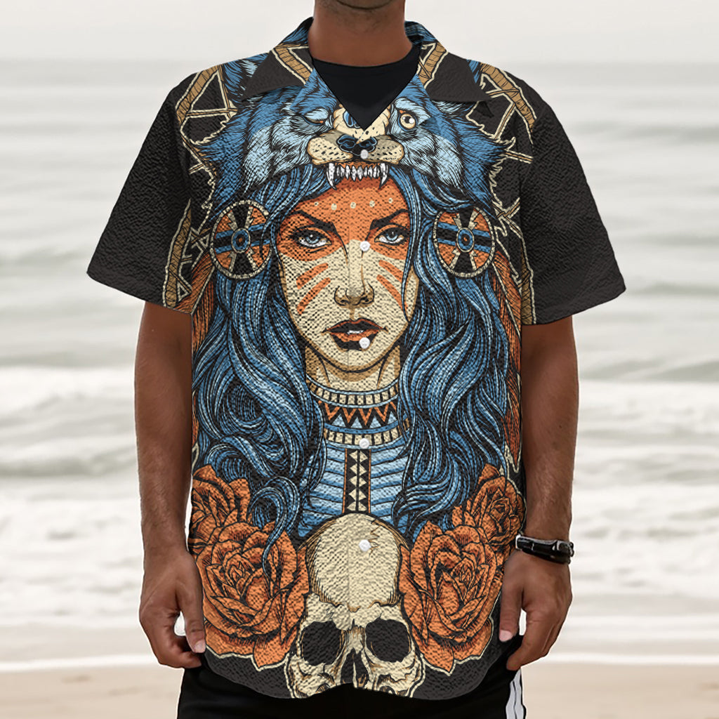 Native American Wolf Girl Print Textured Short Sleeve Shirt