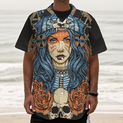 Native American Wolf Girl Print Textured Short Sleeve Shirt