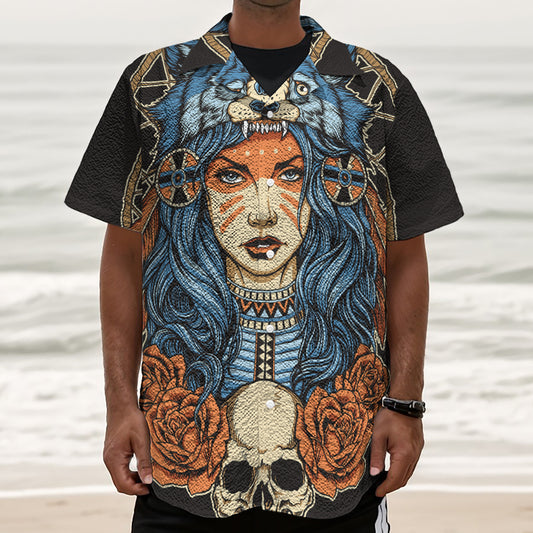 Native American Wolf Girl Print Textured Short Sleeve Shirt