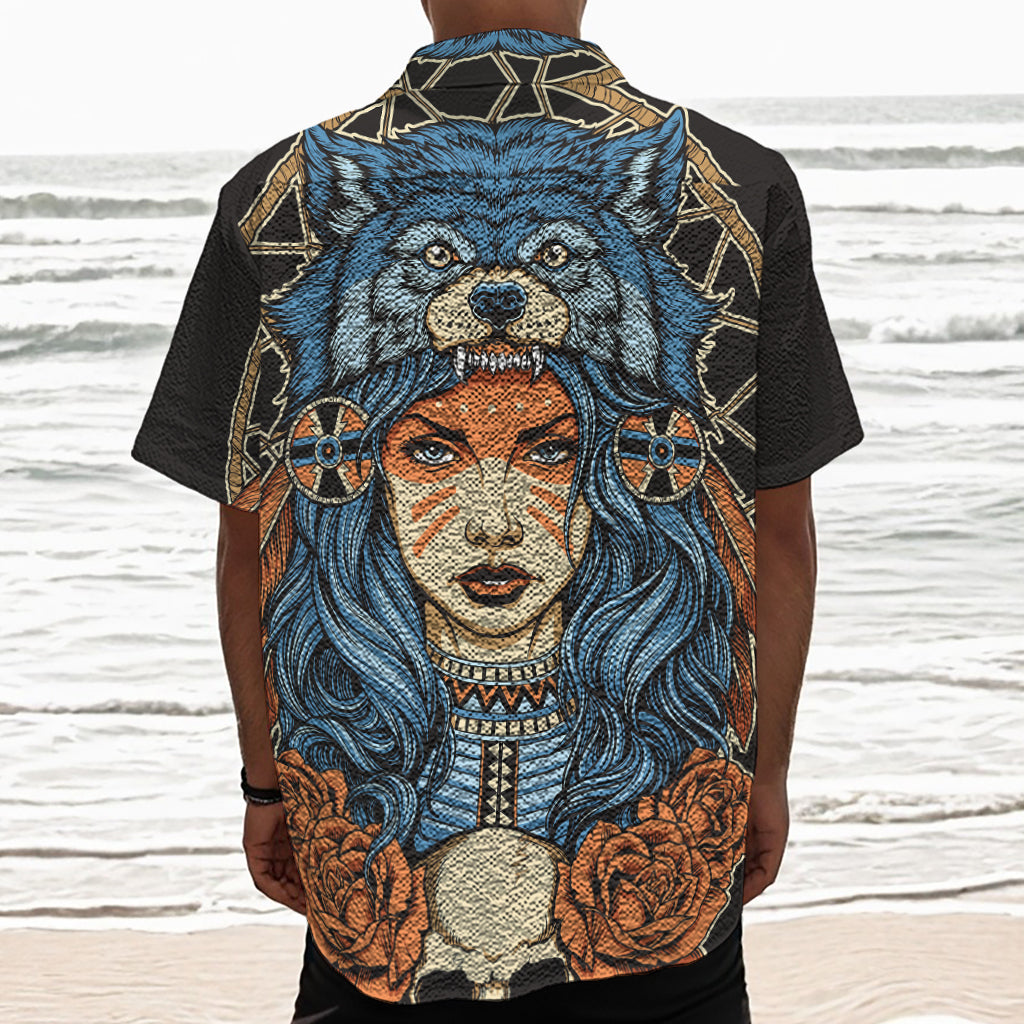 Native American Wolf Girl Print Textured Short Sleeve Shirt