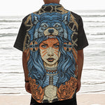 Native American Wolf Girl Print Textured Short Sleeve Shirt