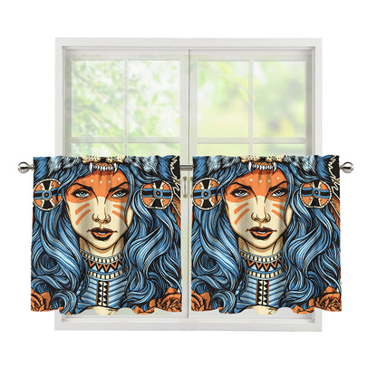 Native American Wolf Girl Print Tier Curtains
