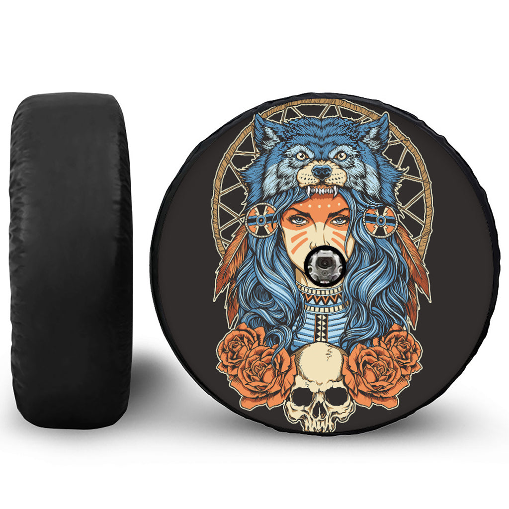 Native American Wolf Girl Print Tire Cover With Camera Hole